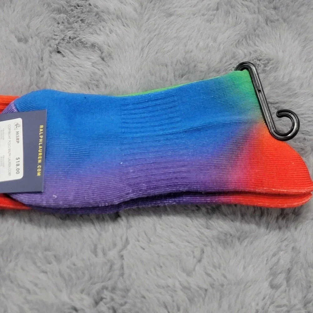 Polo Ralph Lauren Socks Mens 10-13 Ombre Rainbow Stripe Pony Crew Mid Calf